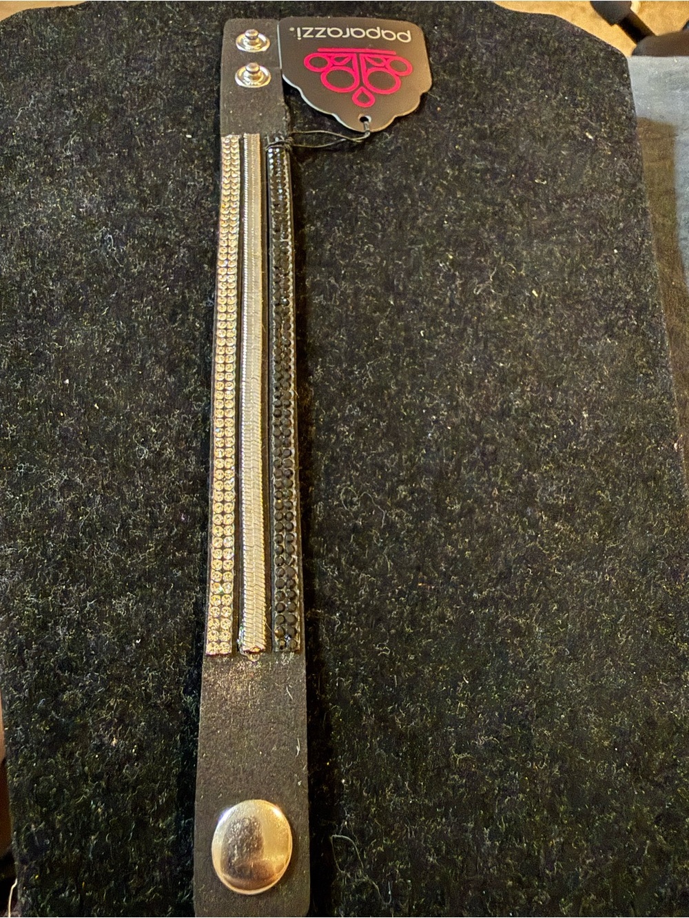 Black Men's Leather Bracelet with Silver Rhinestone Strips